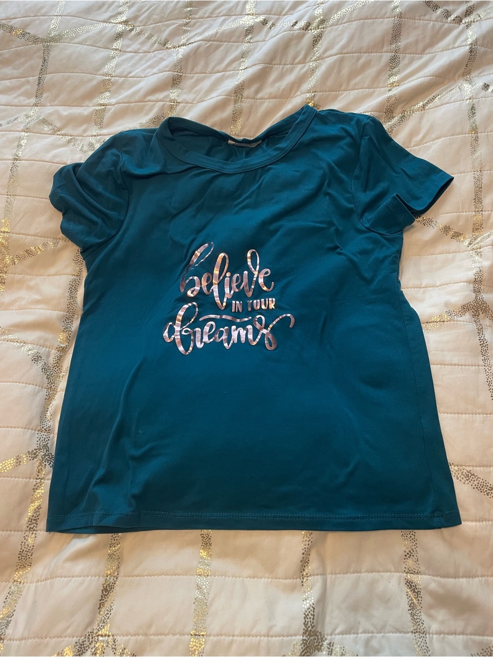 Olivia Rae Teal Crewneck Graphic Tee with Metallic Accent
